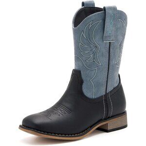 ⚡Girls Blue Black Embroidered Cowgirl Boots Western Square Toe Mid Calf